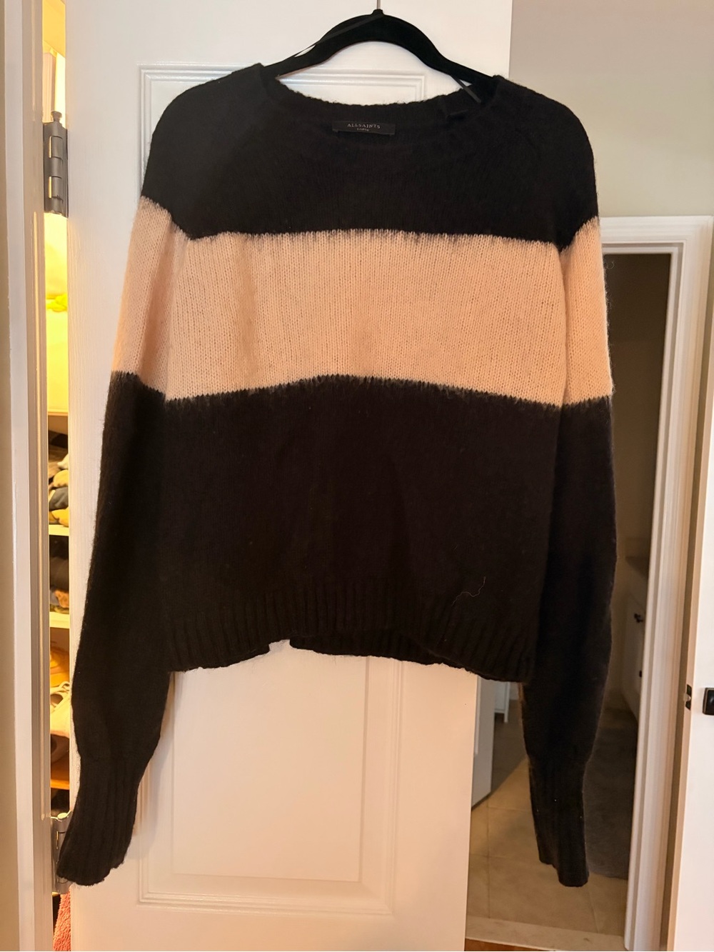 All Saints Black & Cream Striped Women's Crewneck Sweater
